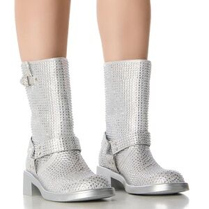 AZALEA WANG Silver Rhinestone Embellished Western Boots